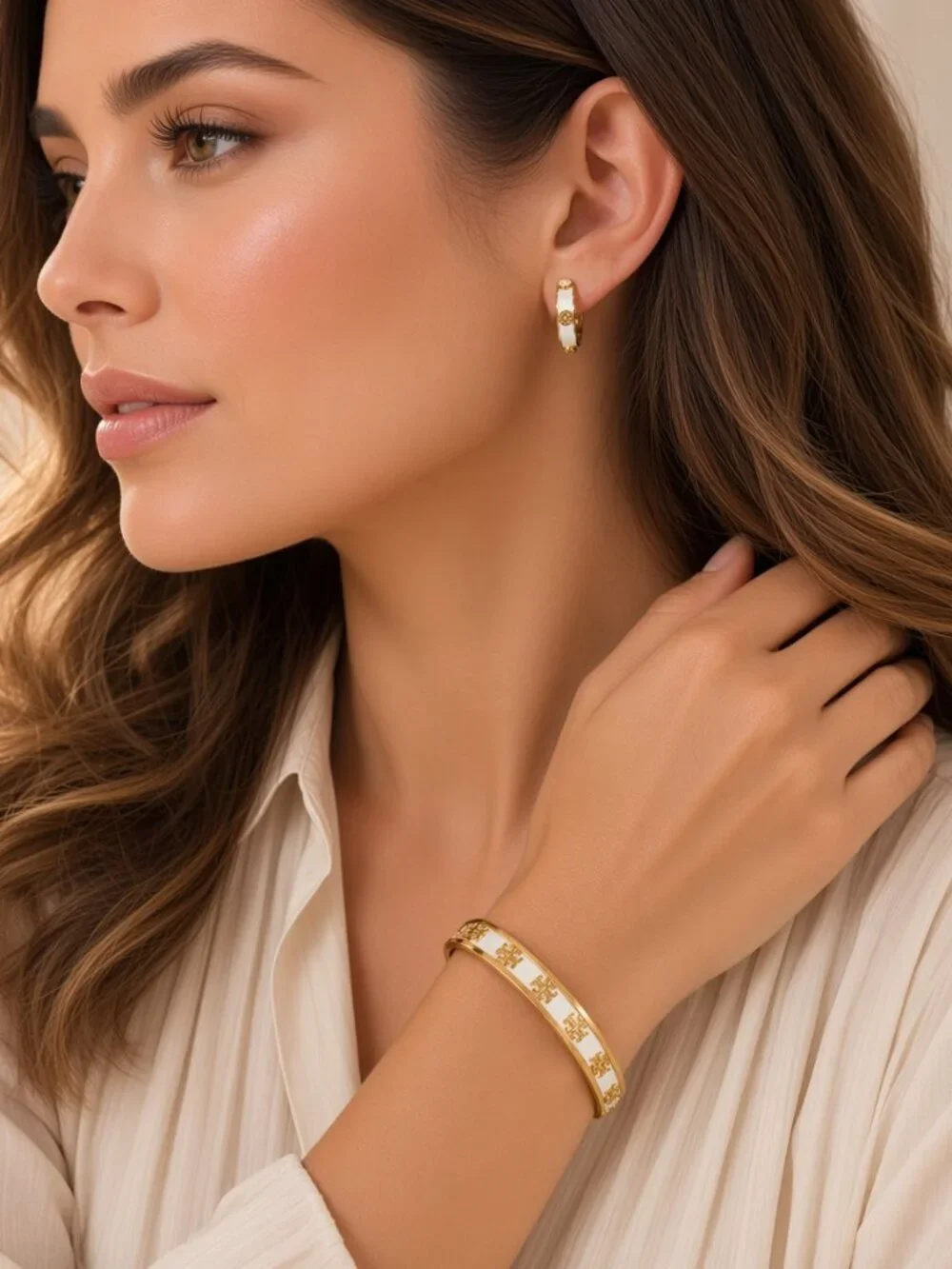 Tory Burch Gold Ivory Stud Hoop HUGGIE Earrings and Enamel Logo Cuff Bracelet
